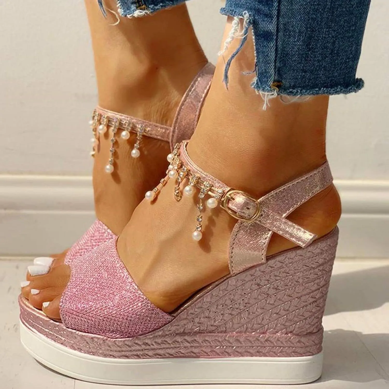 Wedge Sandals for Women Slingback Wedges Open Toe Wide Width Fishmouth Espadrille High Heels Sandals Dressy Summer Beach Platform Ankle Buckle Rhinestone Pearl Sandal Wedding Trendy Shoes