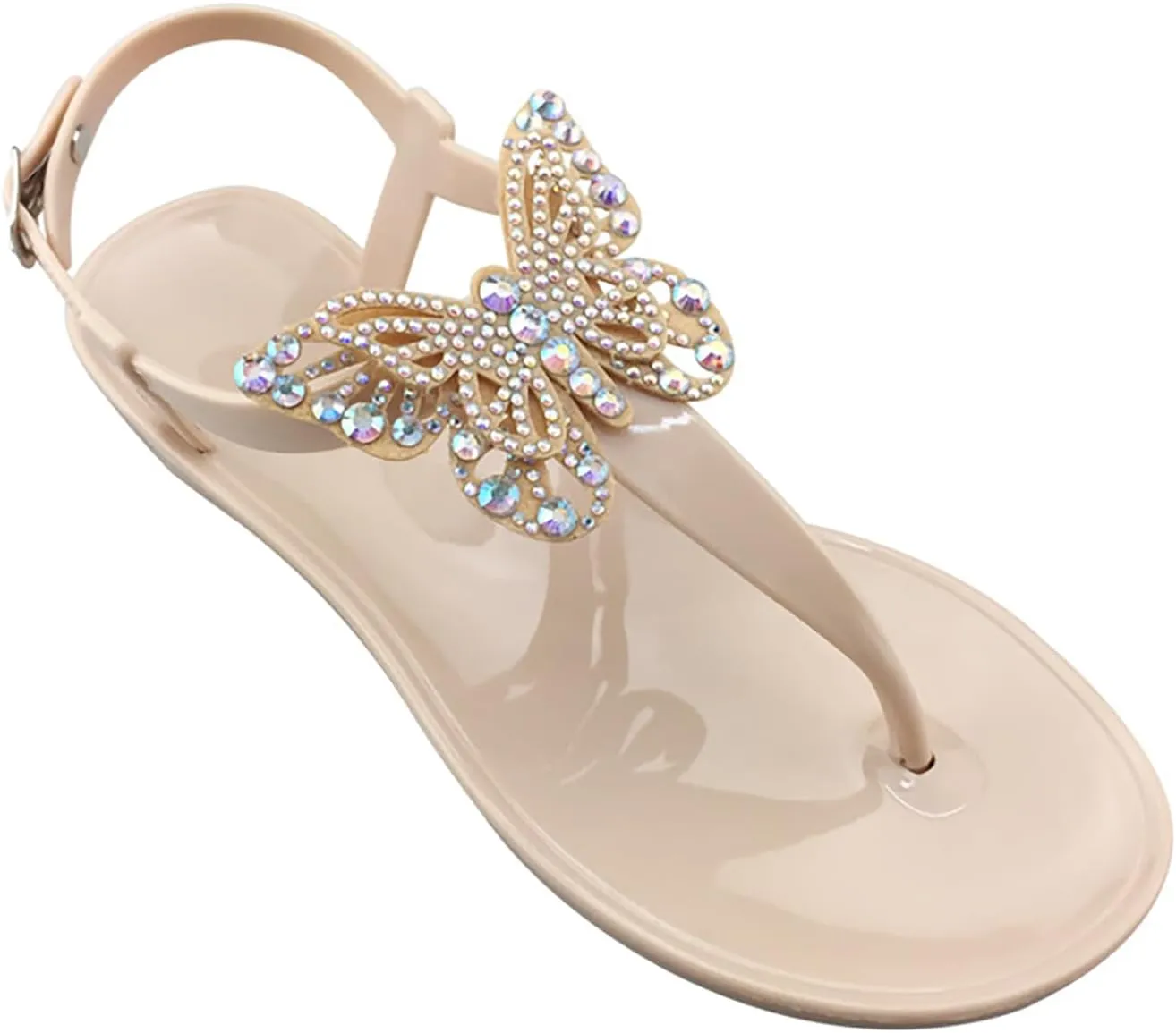 WENOREG Women's Rhinestone Bow Clear Flat Thong Sandals,Summer Fashion T-Strap Adjustable Ankle Buckle Comfortable Slip On Casual Beach Water Proof Jelly Flip Flop Shoes Sandals