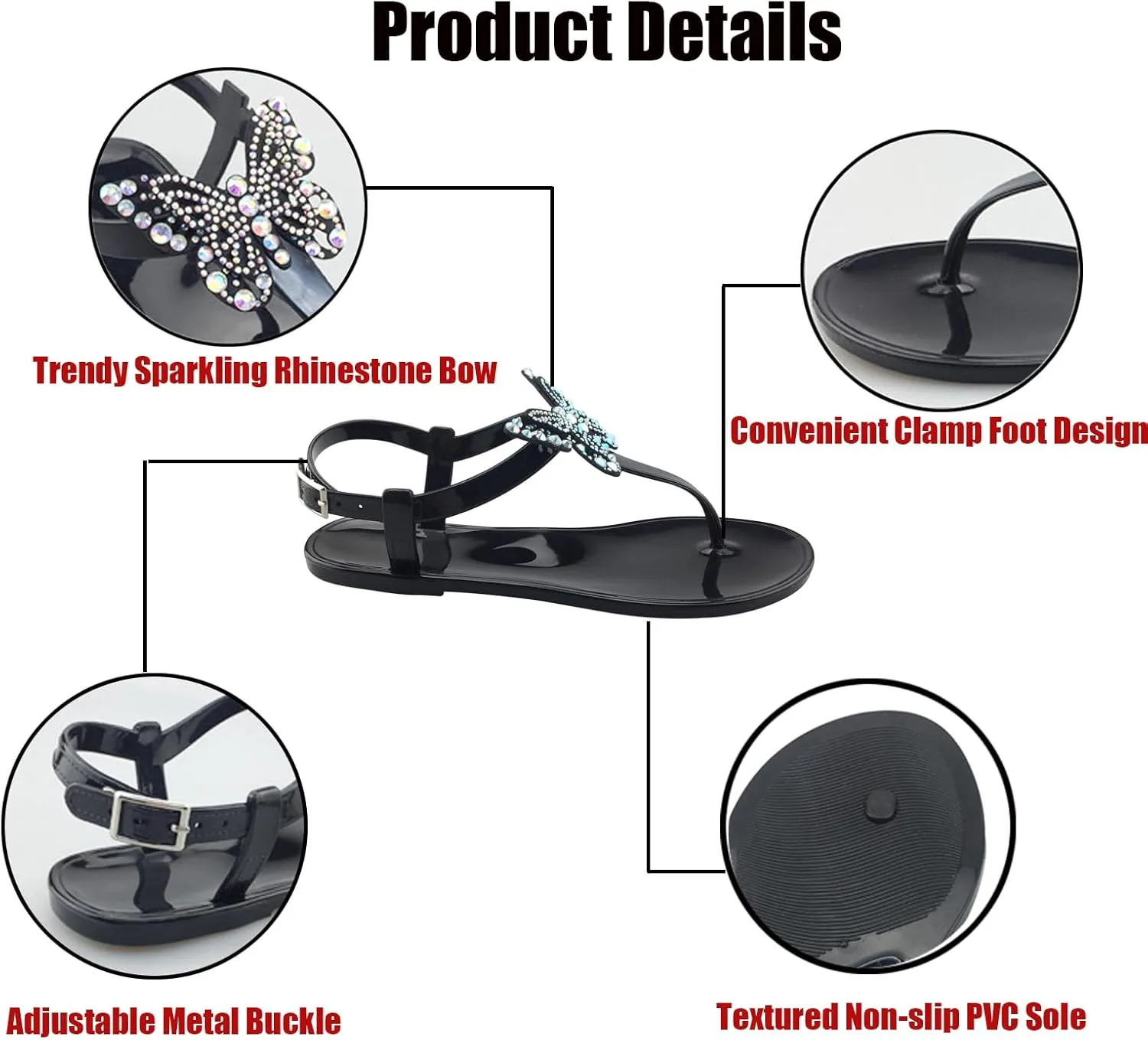 WENOREG Women's Rhinestone Bow Clear Flat Thong Sandals,Summer Fashion T-Strap Adjustable Ankle Buckle Comfortable Slip On Casual Beach Water Proof Jelly Flip Flop Shoes Sandals