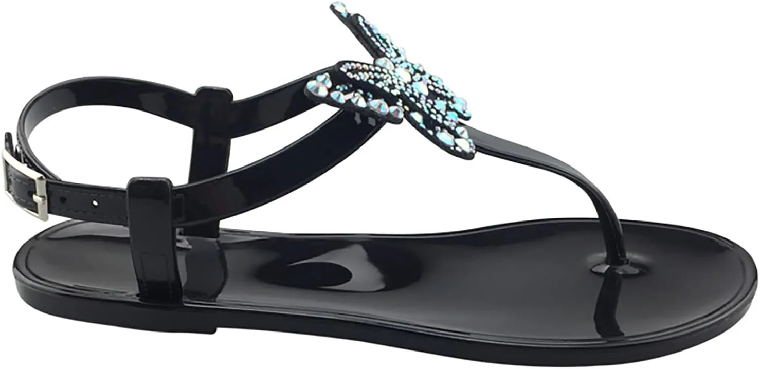 WENOREG Women's Rhinestone Bow Clear Flat Thong Sandals,Summer Fashion T-Strap Adjustable Ankle Buckle Comfortable Slip On Casual Beach Water Proof Jelly Flip Flop Shoes Sandals