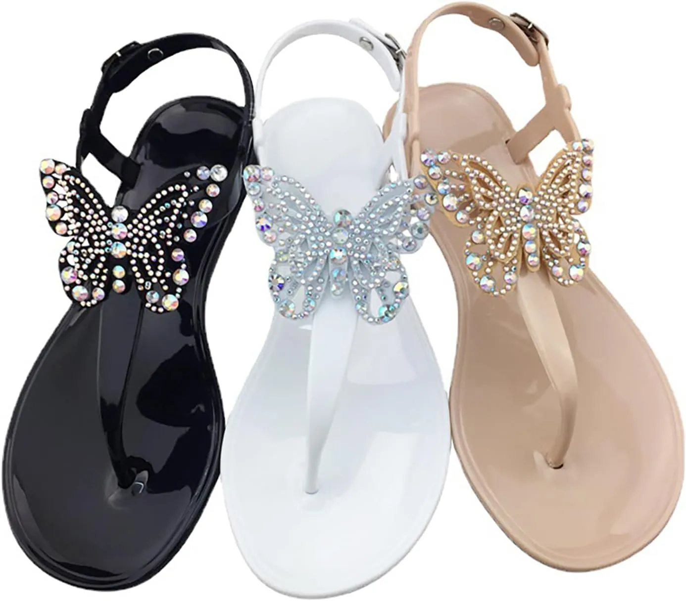 WENOREG Women's Rhinestone Bow Clear Flat Thong Sandals,Summer Fashion T-Strap Adjustable Ankle Buckle Comfortable Slip On Casual Beach Water Proof Jelly Flip Flop Shoes Sandals