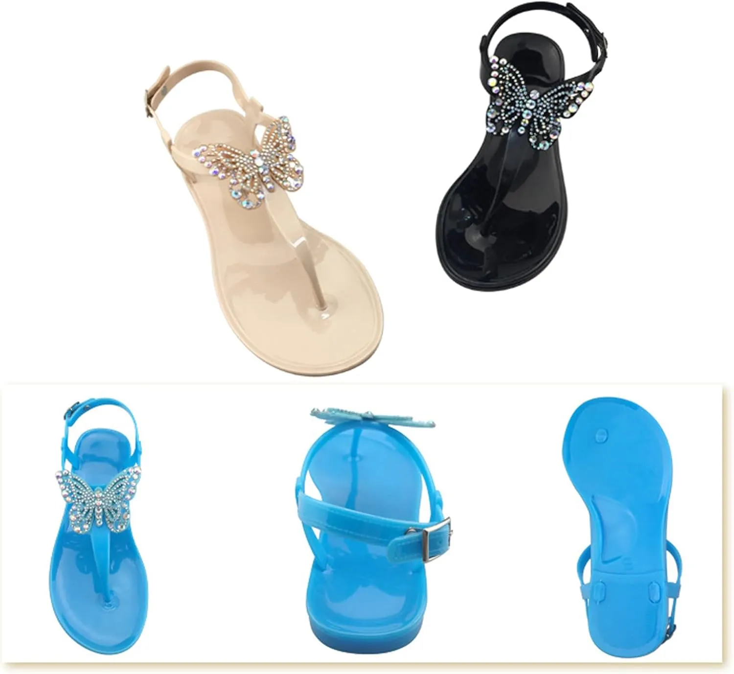 WENOREG Women's Rhinestone Bow Clear Flat Thong Sandals,Summer Fashion T-Strap Adjustable Ankle Buckle Comfortable Slip On Casual Beach Water Proof Jelly Flip Flop Shoes Sandals