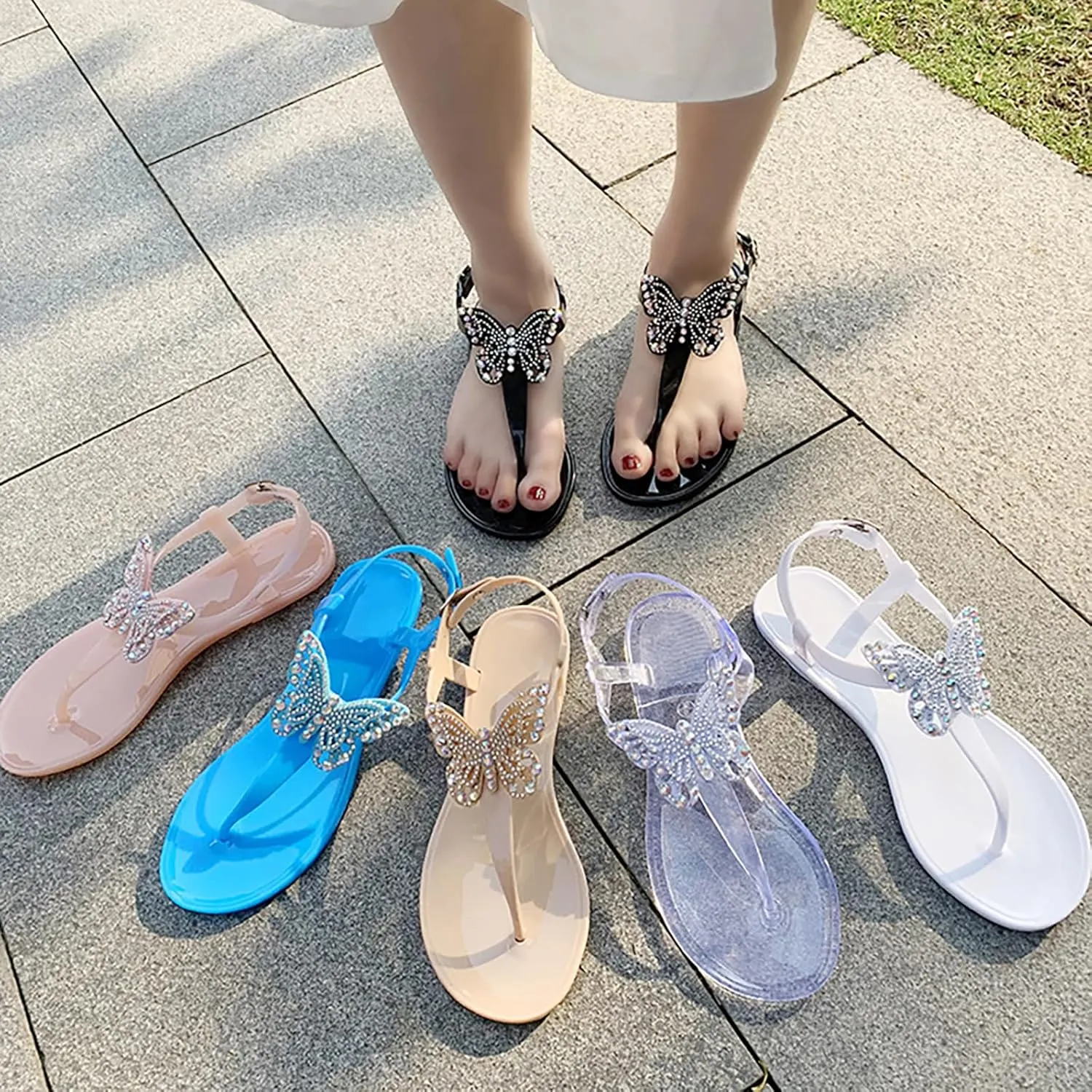 WENOREG Women's Rhinestone Bow Clear Flat Thong Sandals,Summer Fashion T-Strap Adjustable Ankle Buckle Comfortable Slip On Casual Beach Water Proof Jelly Flip Flop Shoes Sandals