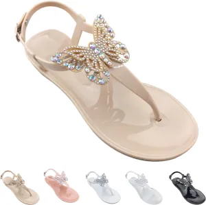 WENOREG Women's Rhinestone Bow Clear Flat Thong Sandals,Summer Fashion T-Strap Adjustable Ankle Buckle Comfortable Slip On Casual Beach Water Proof Jelly Flip Flop Shoes Sandals