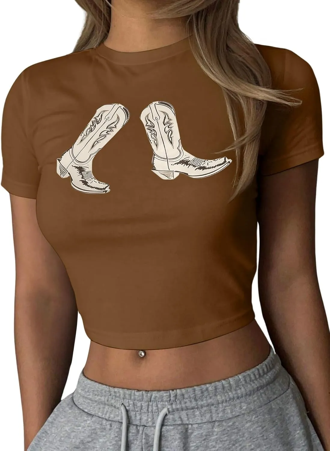 Western Cowgirl Crop Tops for Women - Country Concert Rodeo Outfits Boot Print Summer Slim Shirt Sexy Cowboy Tee