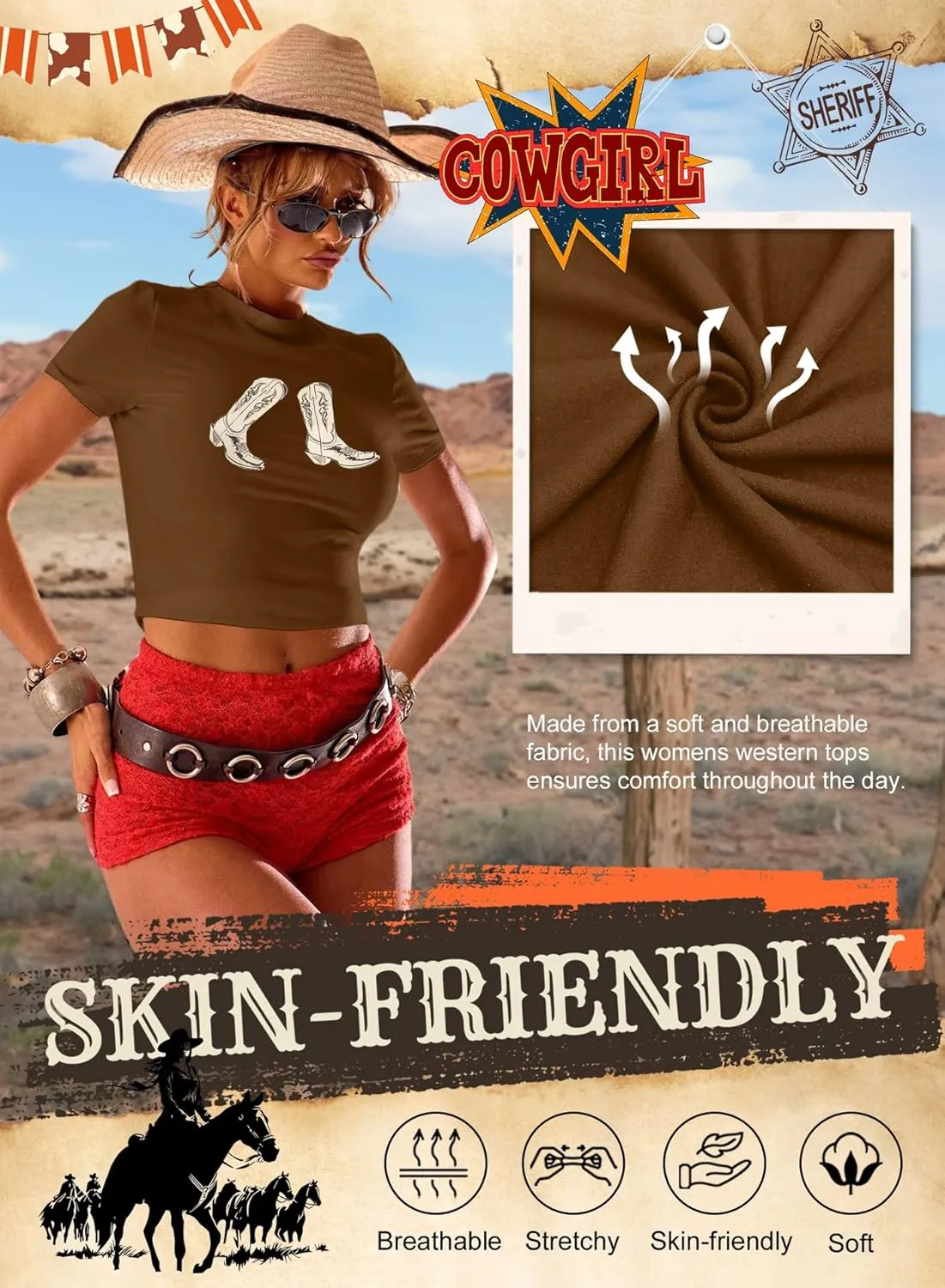 Western Cowgirl Crop Tops for Women - Country Concert Rodeo Outfits Boot Print Summer Slim Shirt Sexy Cowboy Tee