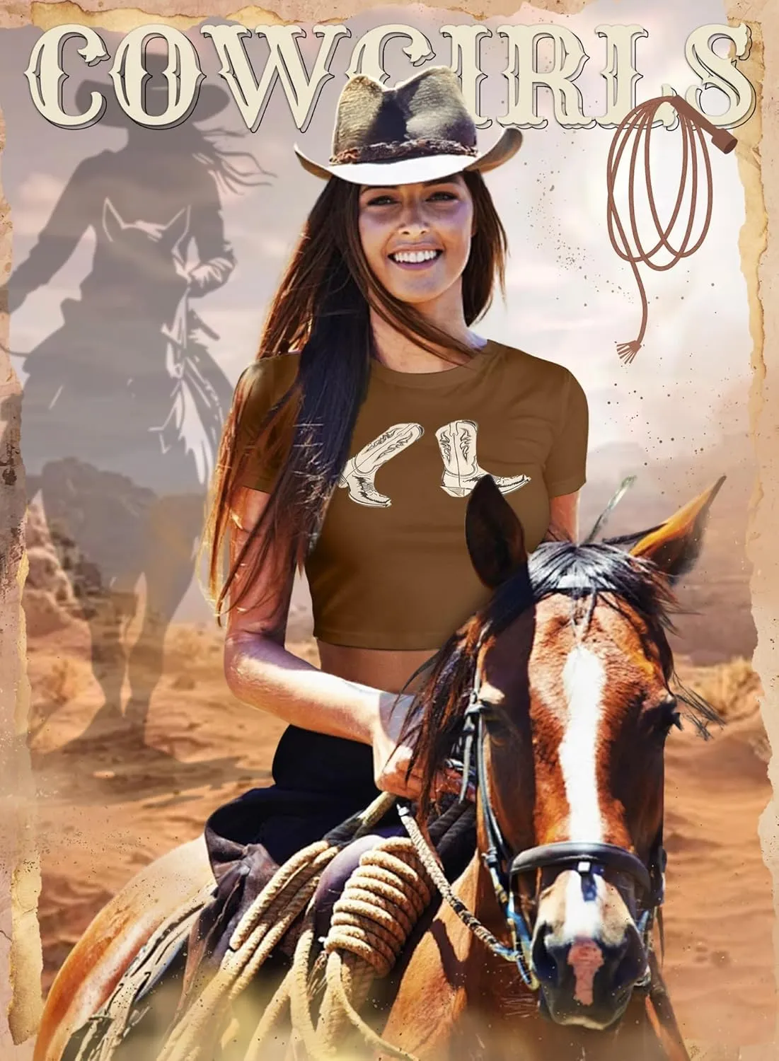 Western Cowgirl Crop Tops for Women - Country Concert Rodeo Outfits Boot Print Summer Slim Shirt Sexy Cowboy Tee