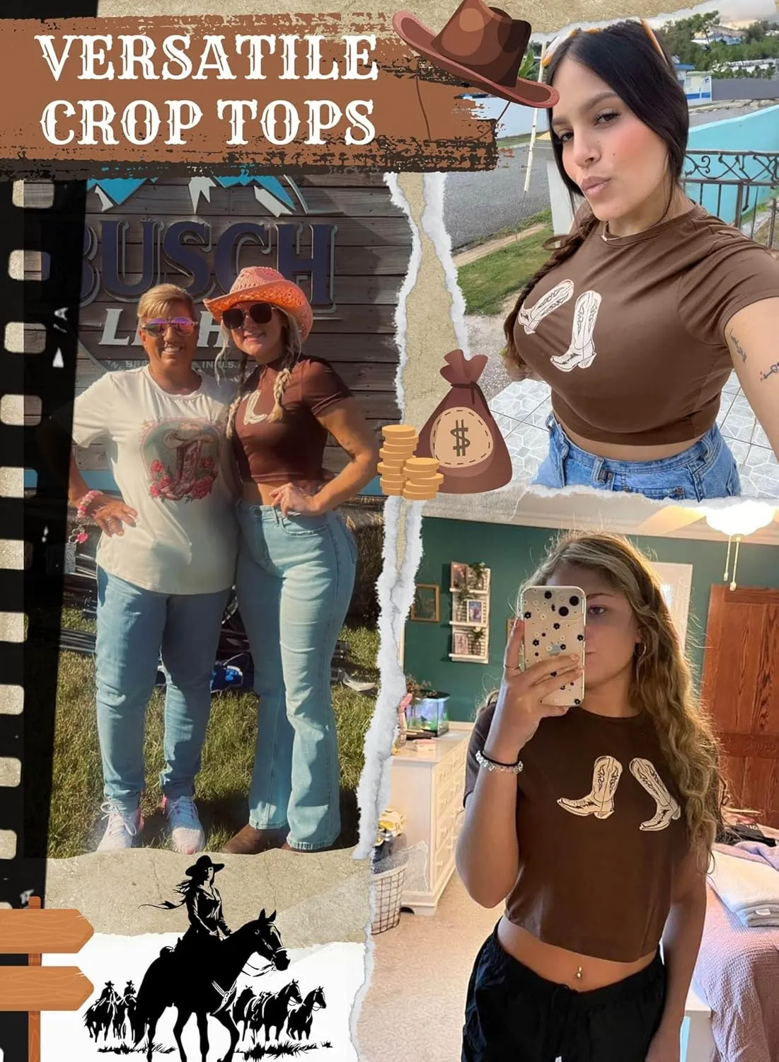 Western Cowgirl Crop Tops for Women - Country Concert Rodeo Outfits Boot Print Summer Slim Shirt Sexy Cowboy Tee