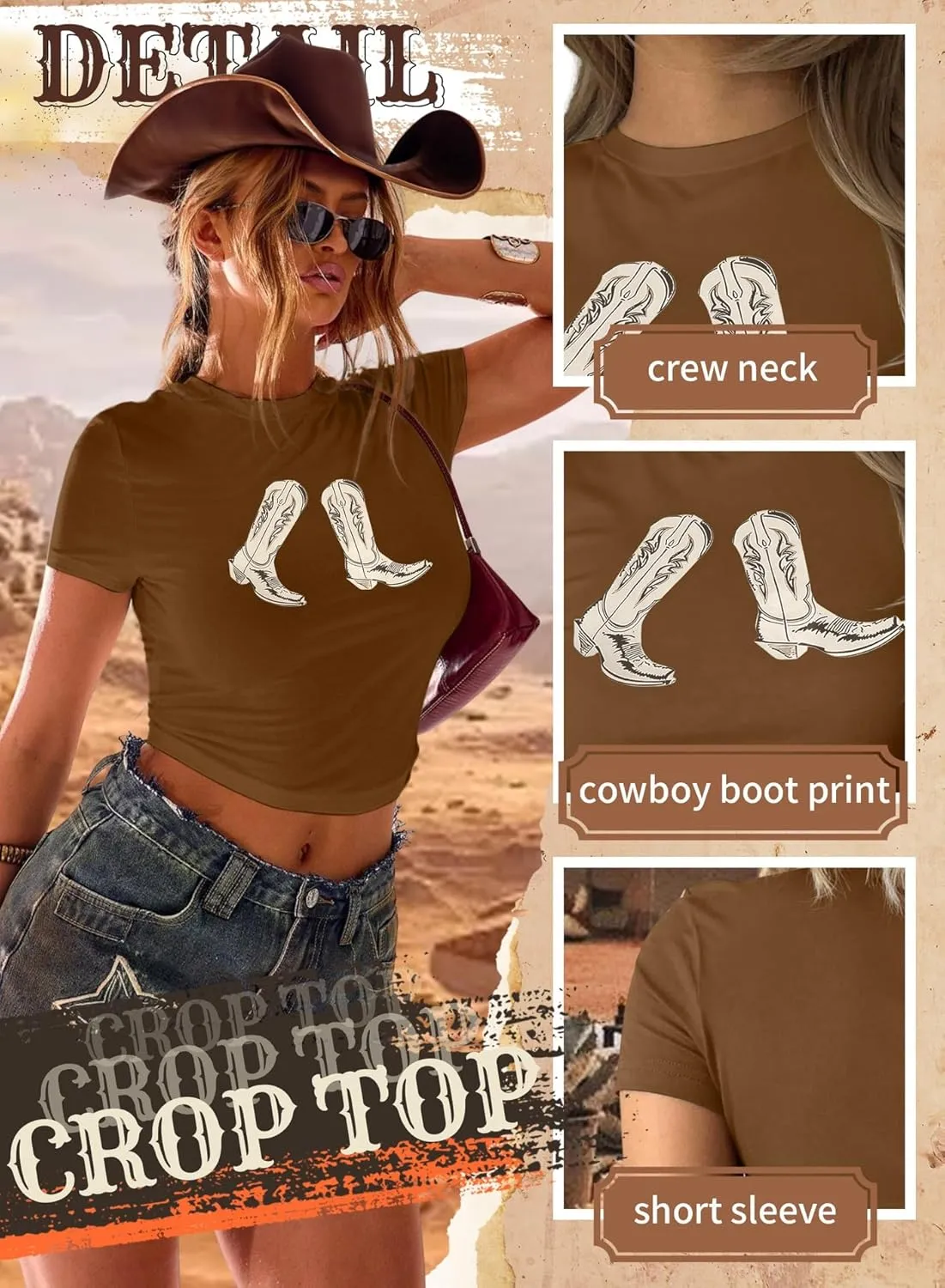 Western Cowgirl Crop Tops for Women - Country Concert Rodeo Outfits Boot Print Summer Slim Shirt Sexy Cowboy Tee