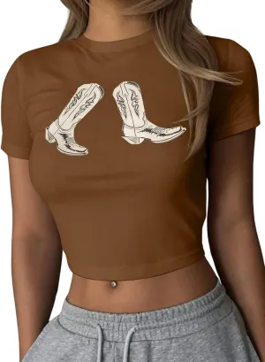 Western Cowgirl Crop Tops for Women - Country Concert Rodeo Outfits Boot Print Summer Slim Shirt Sexy Cowboy Tee