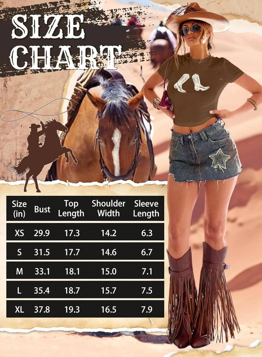 Western Cowgirl Crop Tops for Women - Country Concert Rodeo Outfits Boot Print Summer Slim Shirt Sexy Cowboy Tee