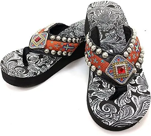 Western Peak Women's Concho Rhinestones and Stud with Embroidery Orange PU Sandal Flip Flop