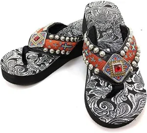 Western Peak Women's Concho Rhinestones and Stud with Embroidery Orange PU Sandal Flip Flop