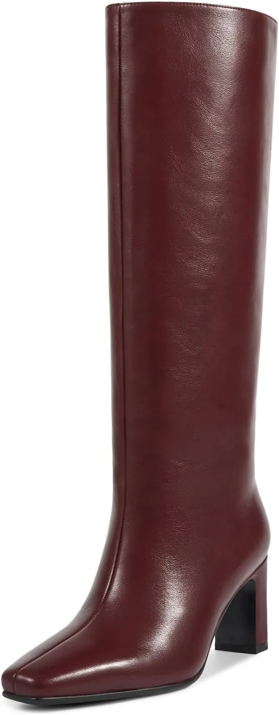 wetkiss Straight Leg Knee High Boots for Women Regular Calf Friendly Square Toe Faux Leather Crocodile Print Mid Heel Comfortable Boots
