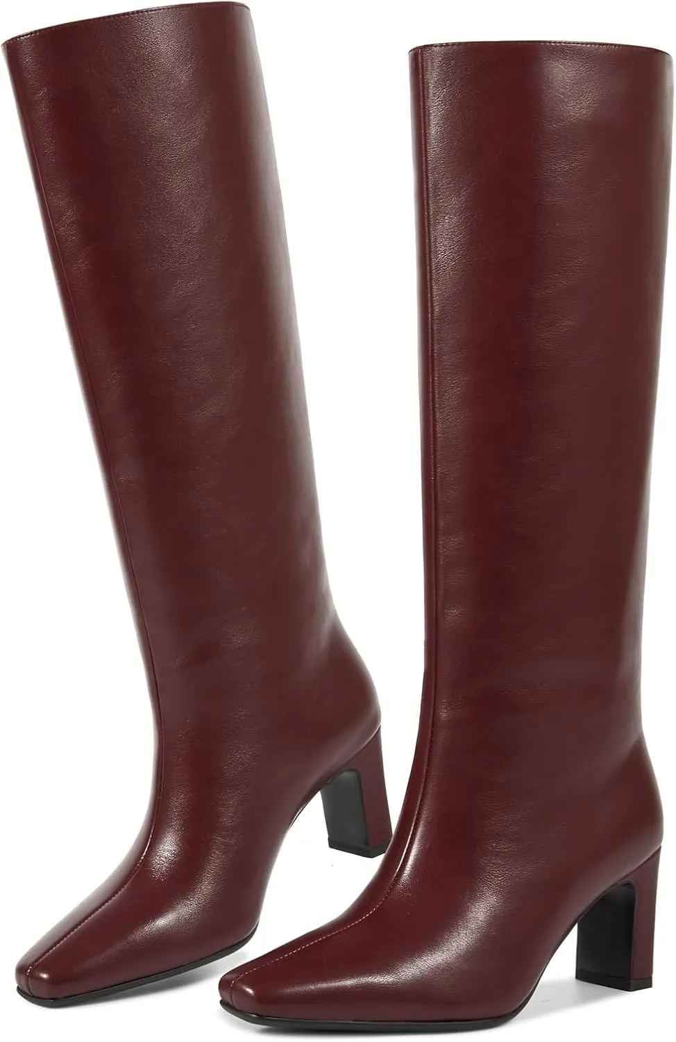 wetkiss Straight Leg Knee High Boots for Women Regular Calf Friendly Square Toe Faux Leather Crocodile Print Mid Heel Comfortable Boots