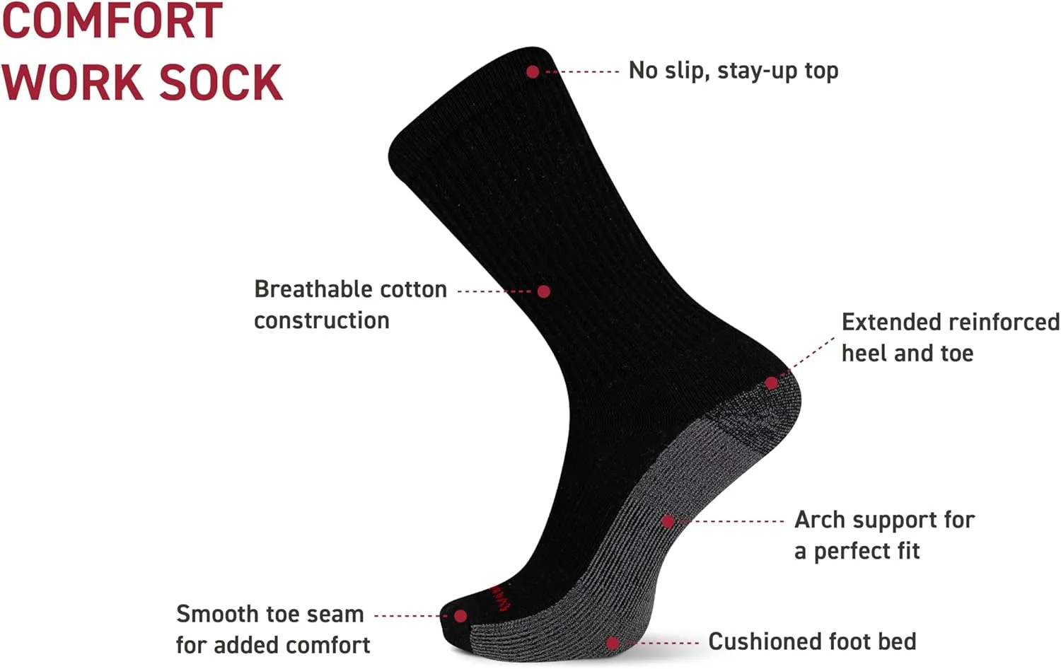 Wolverine Men's Cotton Comfort Crew Socks - 6 Pairs, Breathable Arch Support