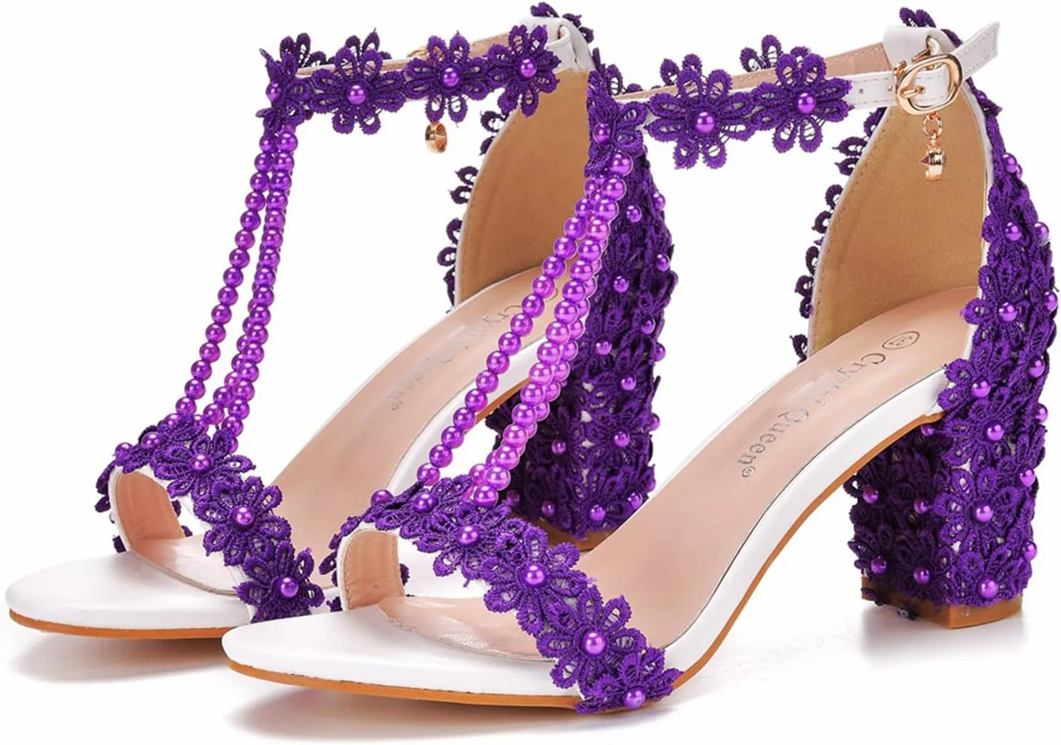 Woman Embroidered Flower Chunky High Heel Fish Mouth Sandals with Adjust Ankle Strap Color Beads Fashion Elegant Block Heel Open Toe Bride Pumps for Wedding Party Dress