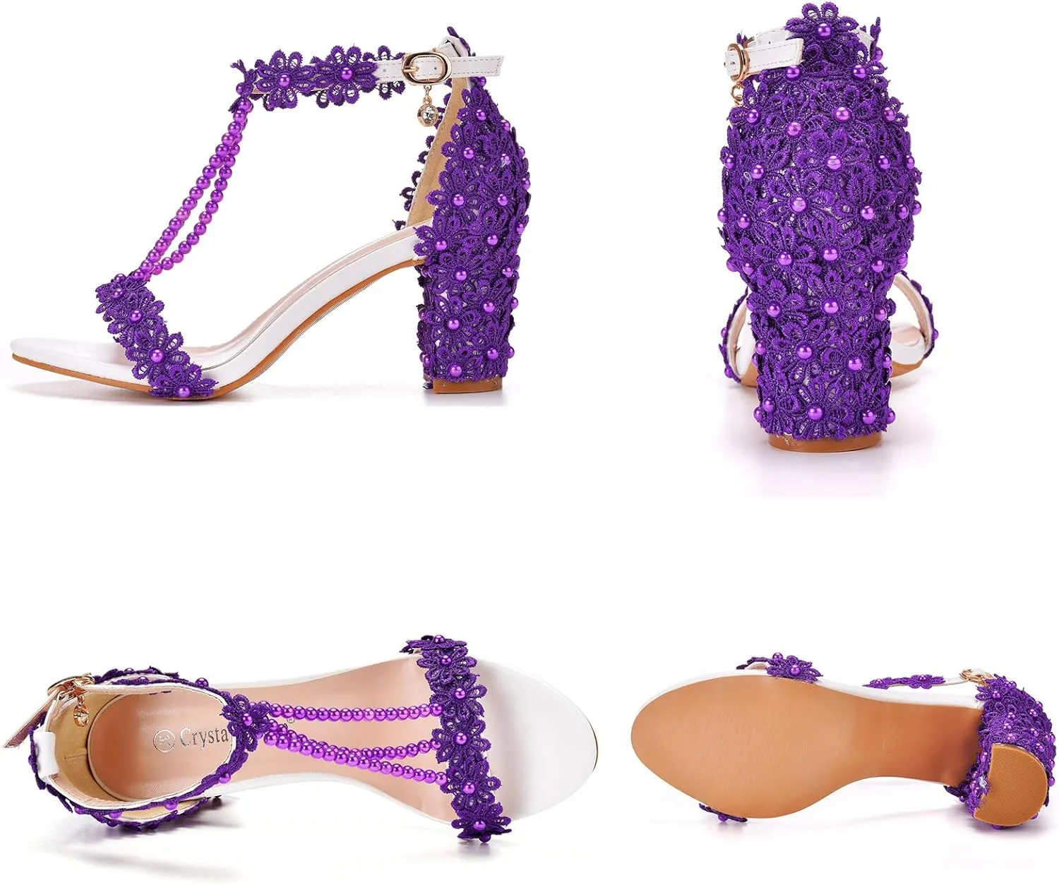 Woman Embroidered Flower Chunky High Heel Fish Mouth Sandals with Adjust Ankle Strap Color Beads Fashion Elegant Block Heel Open Toe Bride Pumps for Wedding Party Dress
