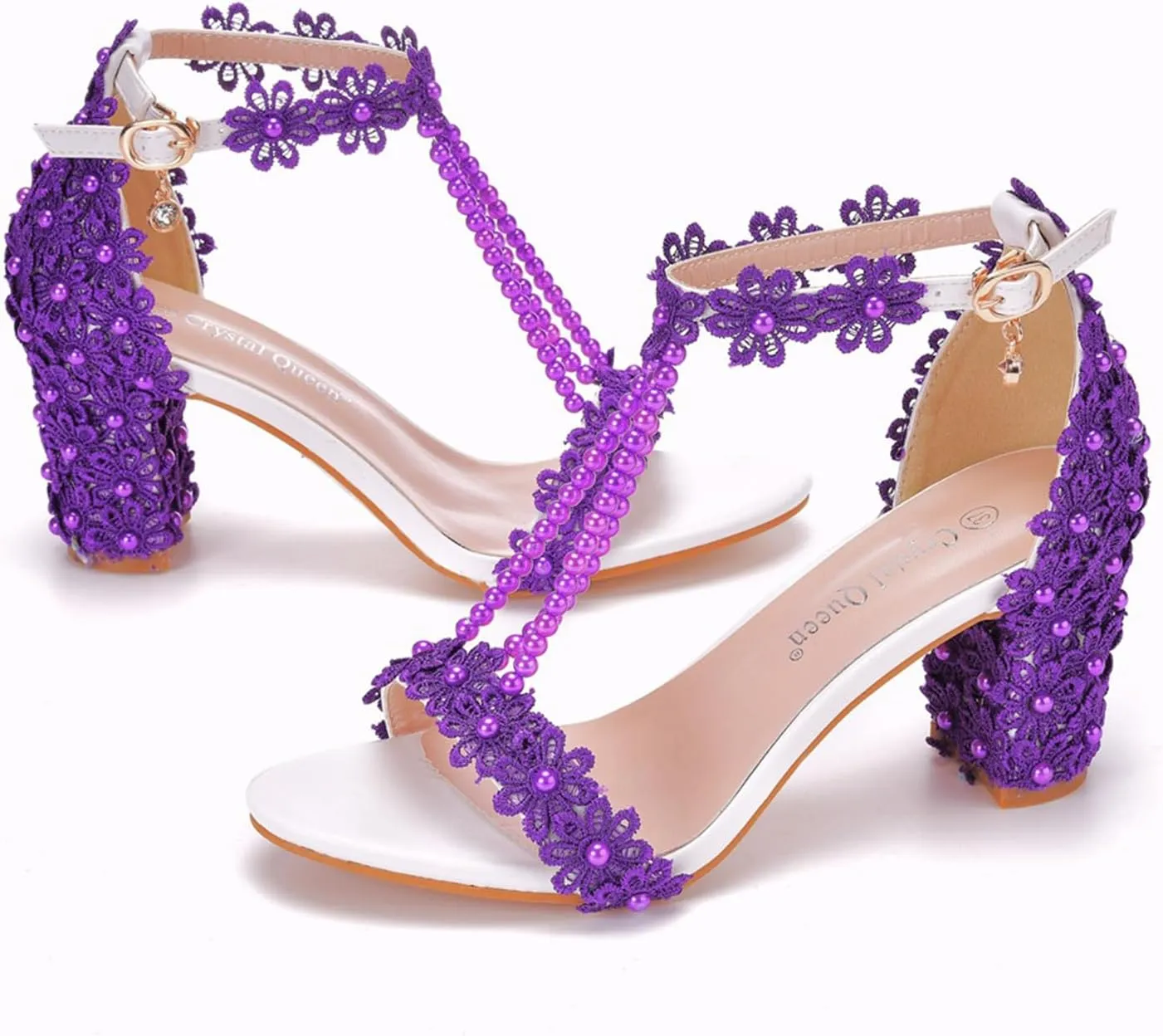 Woman Embroidered Flower Chunky High Heel Fish Mouth Sandals with Adjust Ankle Strap Color Beads Fashion Elegant Block Heel Open Toe Bride Pumps for Wedding Party Dress