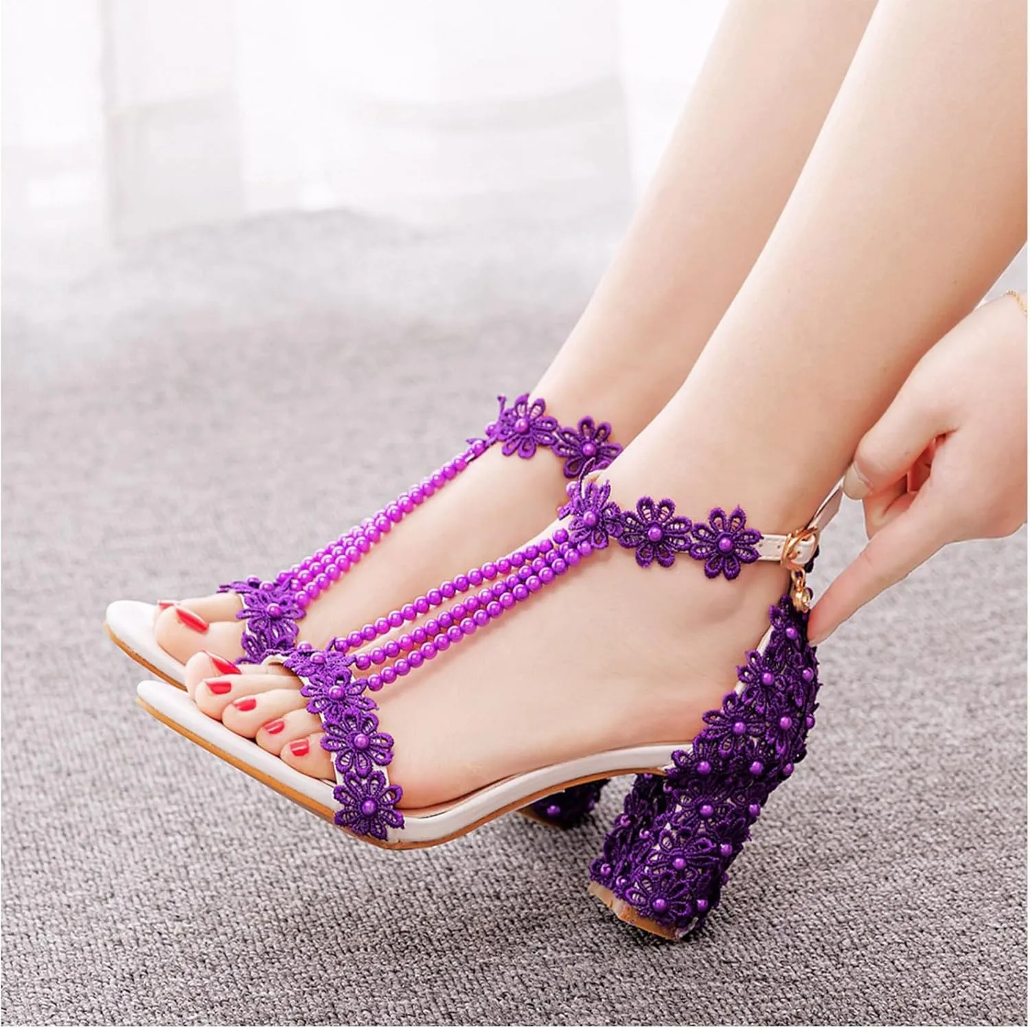 Woman Embroidered Flower Chunky High Heel Fish Mouth Sandals with Adjust Ankle Strap Color Beads Fashion Elegant Block Heel Open Toe Bride Pumps for Wedding Party Dress