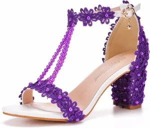 Woman Embroidered Flower Chunky High Heel Fish Mouth Sandals with Adjust Ankle Strap Color Beads Fashion Elegant Block Heel Open Toe Bride Pumps for Wedding Party Dress