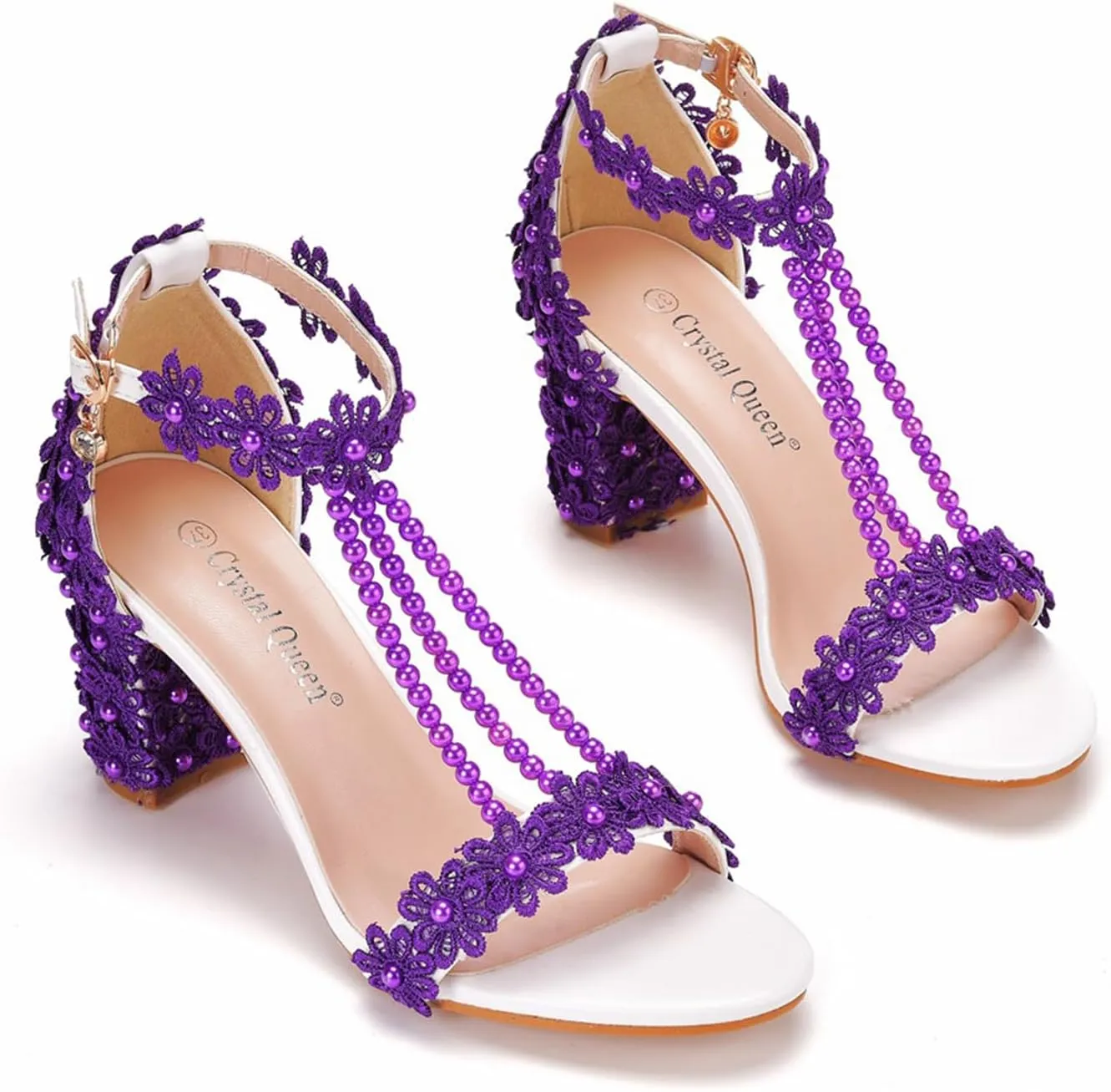 Woman Embroidered Flower Chunky High Heel Fish Mouth Sandals with Adjust Ankle Strap Color Beads Fashion Elegant Block Heel Open Toe Bride Pumps for Wedding Party Dress