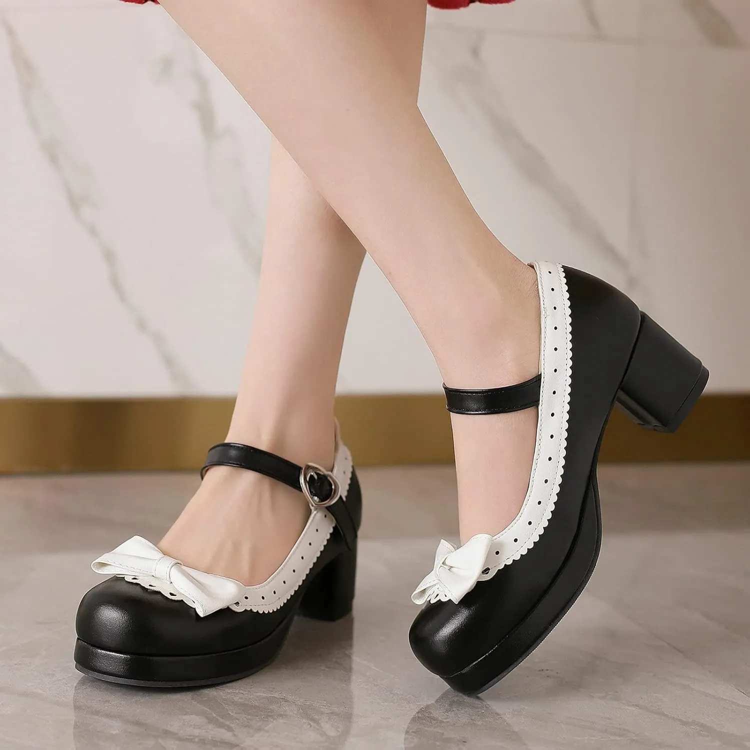 Women Bow Mary Jane Shoes Kawaii Pumps Platform Chunky Heeled Vintage Pumps Elegant Lolita Dress Shoes