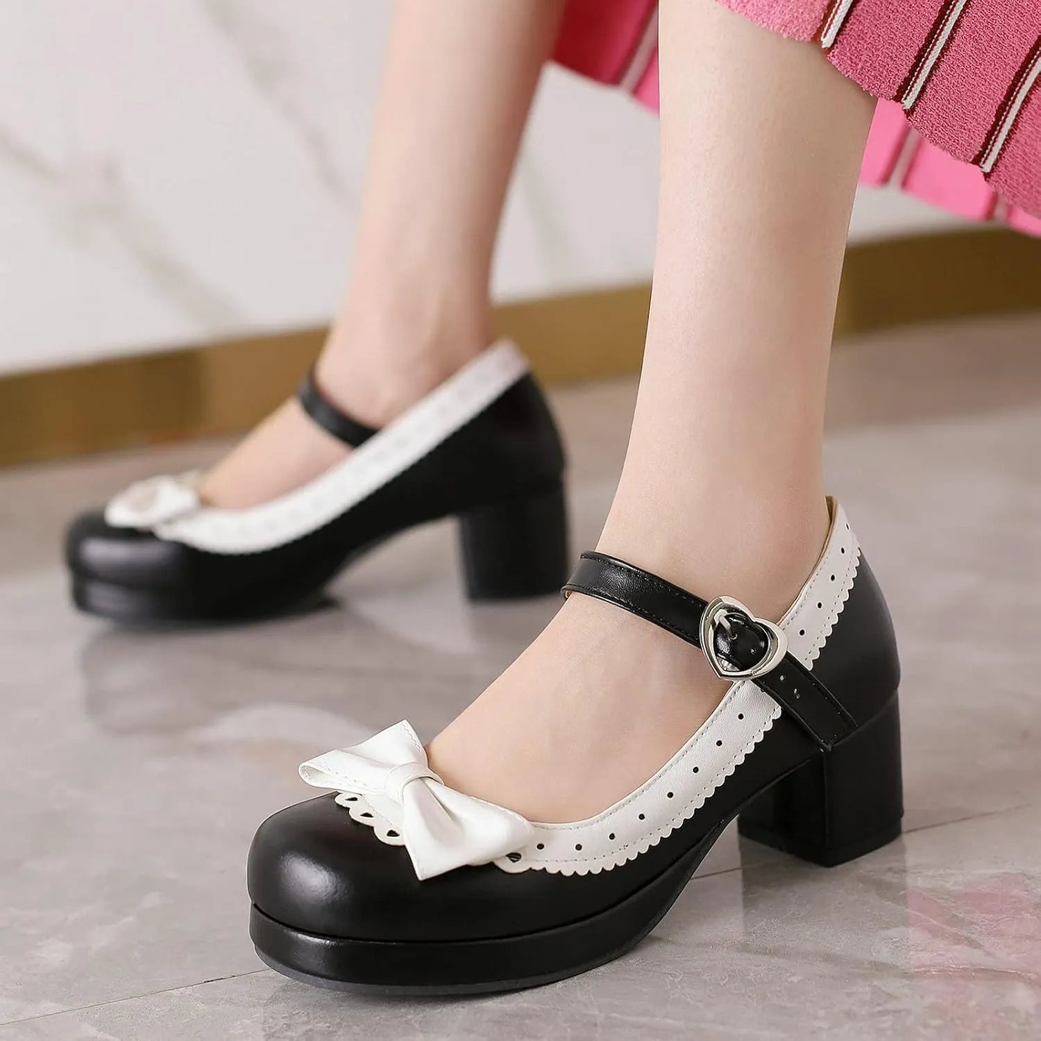 Women Bow Mary Jane Shoes Kawaii Pumps Platform Chunky Heeled Vintage Pumps Elegant Lolita Dress Shoes