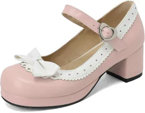 Women Bow Mary Jane Shoes Kawaii Pumps Platform Chunky Heeled Vintage Pumps Elegant Lolita Dress Shoes