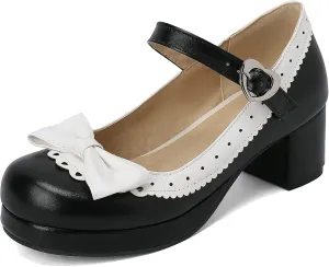 Women Bow Mary Jane Shoes Kawaii Pumps Platform Chunky Heeled Vintage Pumps Elegant Lolita Dress Shoes