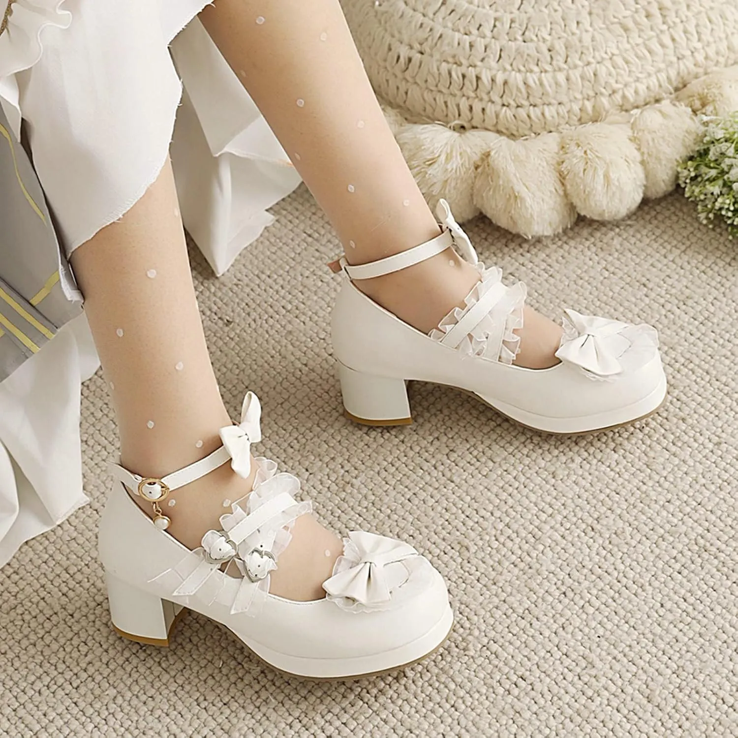 Women Cute Lolita Shoes Platform Mary Janes Kawaii Strappy Ankle Strap Sweet Pumps Lace Cross Tied Dress Pumps