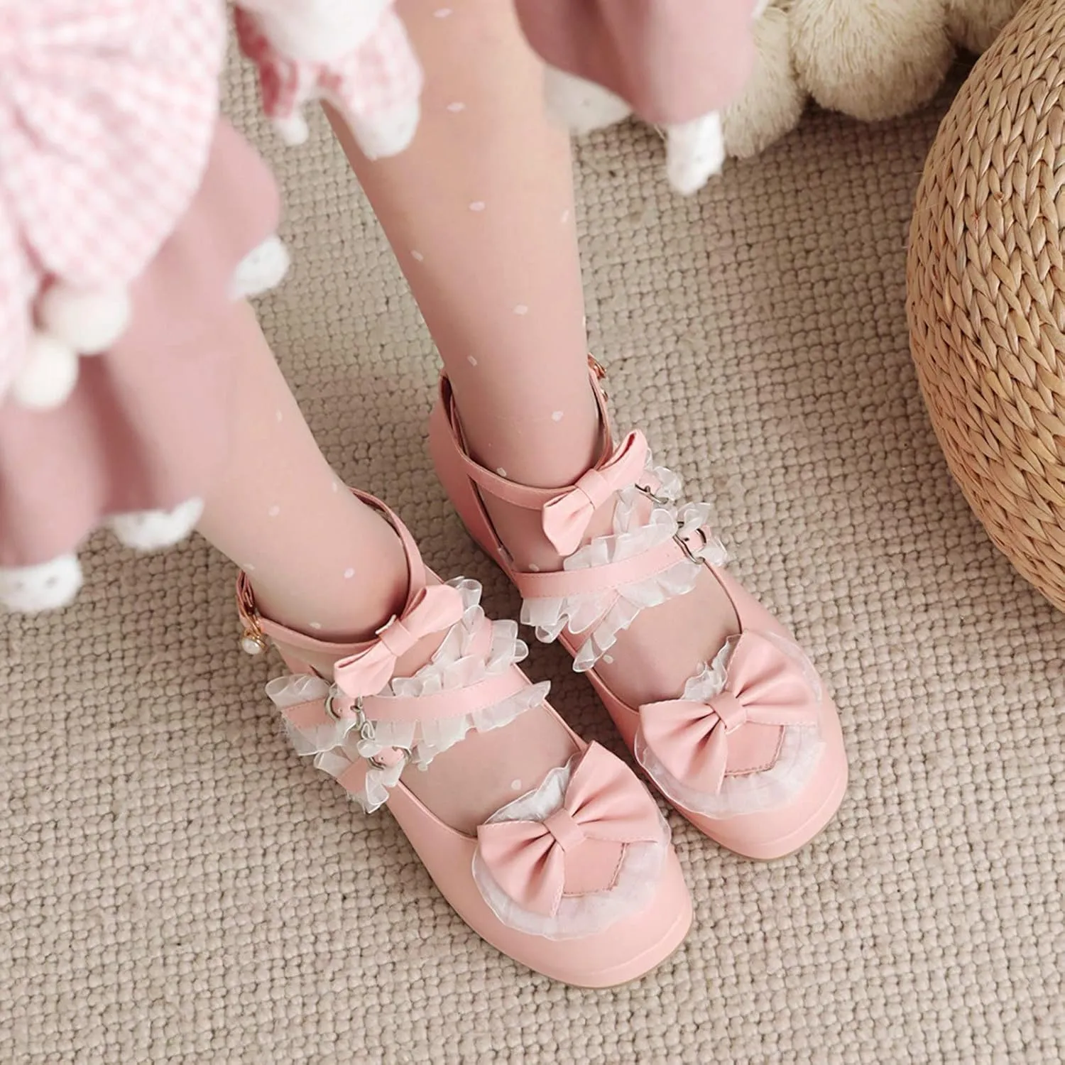 Women Cute Lolita Shoes Platform Mary Janes Kawaii Strappy Ankle Strap Sweet Pumps Lace Cross Tied Dress Pumps