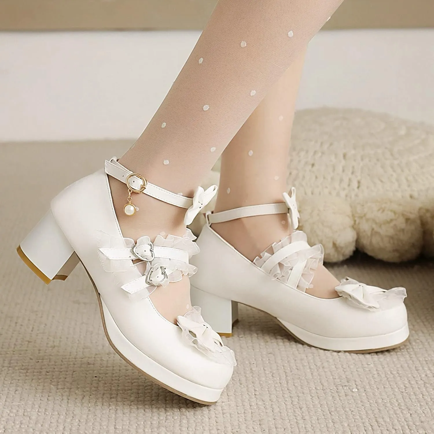 Women Cute Lolita Shoes Platform Mary Janes Kawaii Strappy Ankle Strap Sweet Pumps Lace Cross Tied Dress Pumps