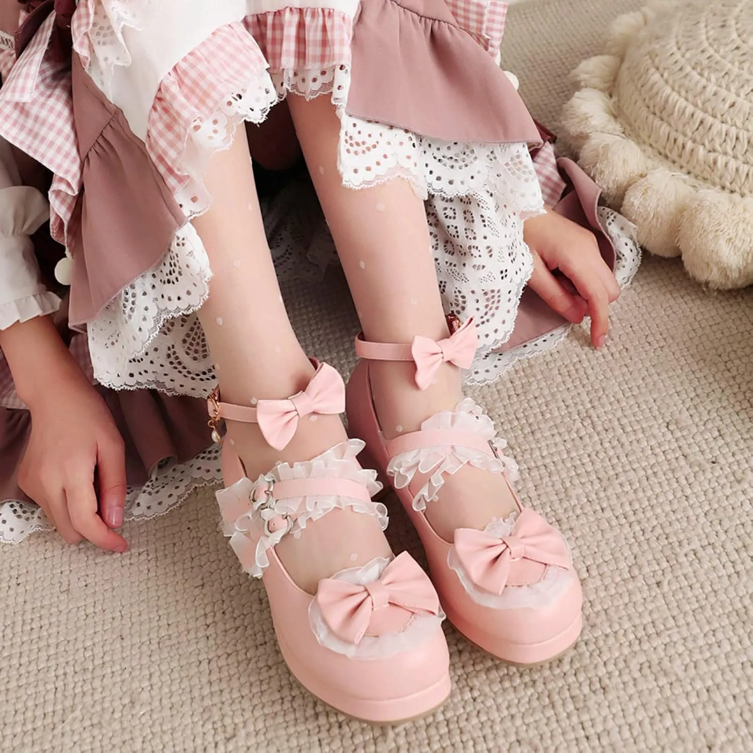 Women Cute Lolita Shoes Platform Mary Janes Kawaii Strappy Ankle Strap Sweet Pumps Lace Cross Tied Dress Pumps