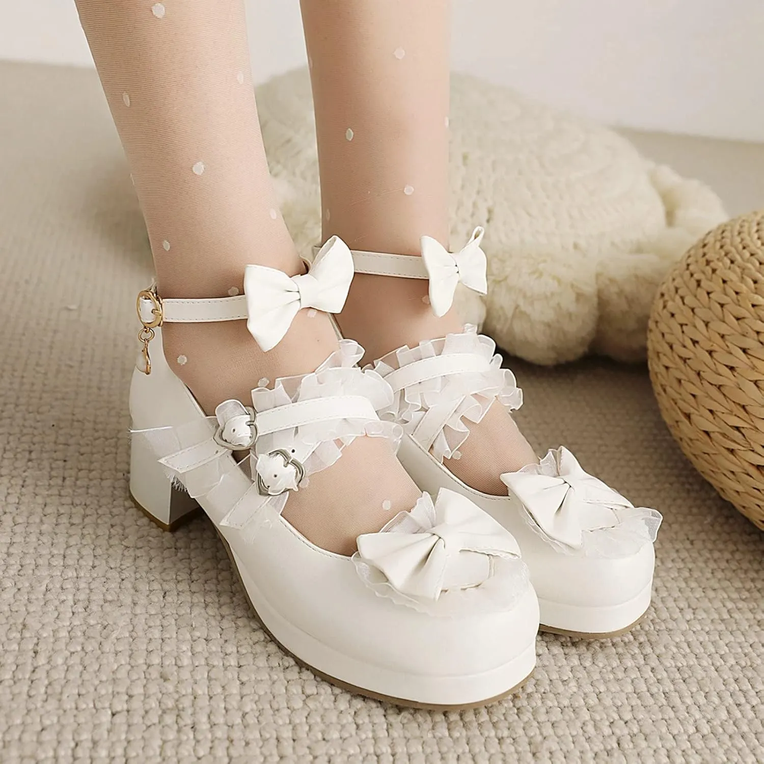Women Cute Lolita Shoes Platform Mary Janes Kawaii Strappy Ankle Strap Sweet Pumps Lace Cross Tied Dress Pumps
