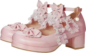 Women Cute Lolita Shoes Platform Mary Janes Kawaii Strappy Ankle Strap Sweet Pumps Lace Cross Tied Dress Pumps