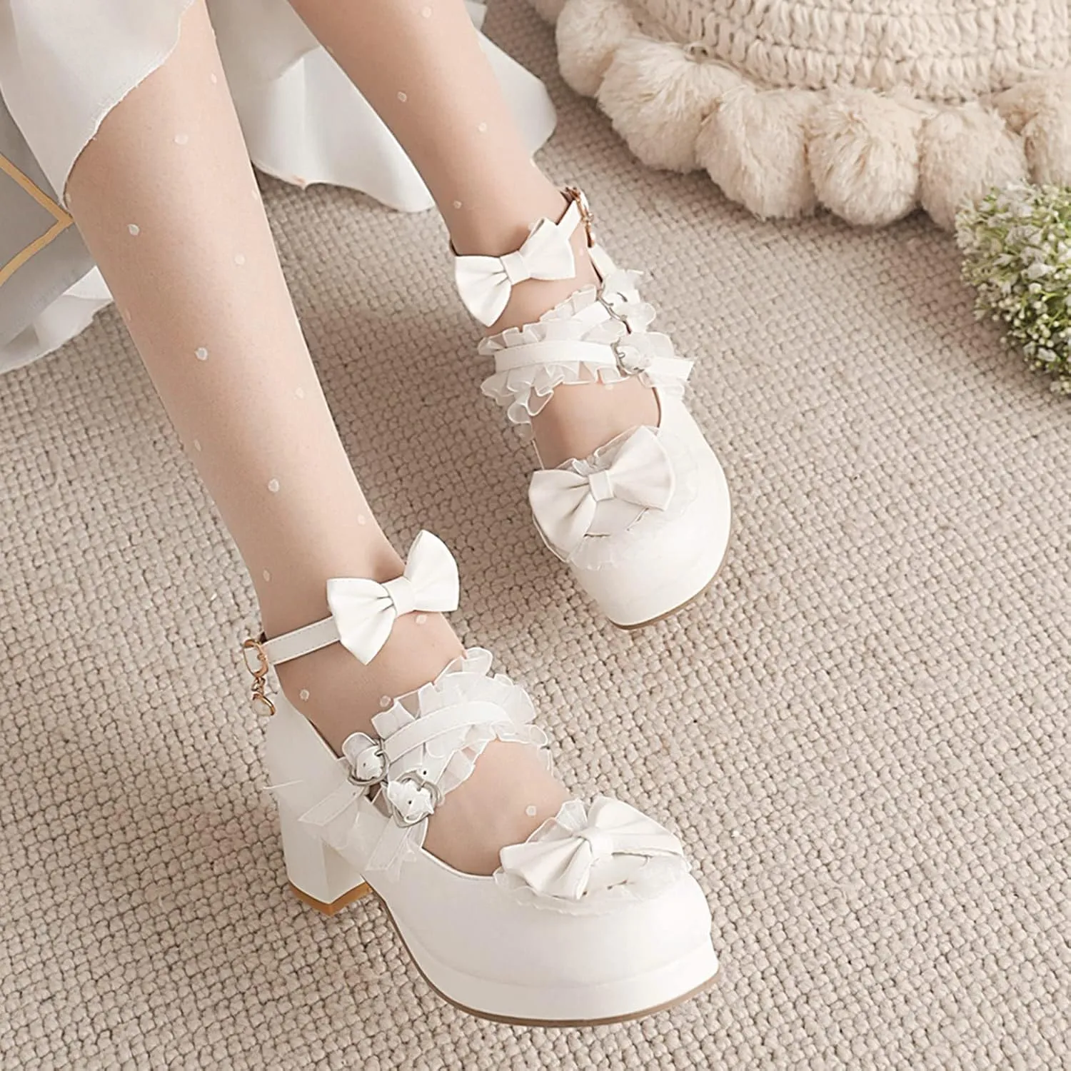 Women Cute Lolita Shoes Platform Mary Janes Kawaii Strappy Ankle Strap Sweet Pumps Lace Cross Tied Dress Pumps
