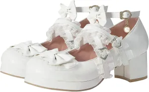 Women Cute Lolita Shoes Platform Mary Janes Kawaii Strappy Ankle Strap Sweet Pumps Lace Cross Tied Dress Pumps