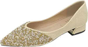 Women Elegant Pointed Toe Slip-on Pumps Glitter Rhinestone Comfortable Low Heel Wedding Dress Shoes