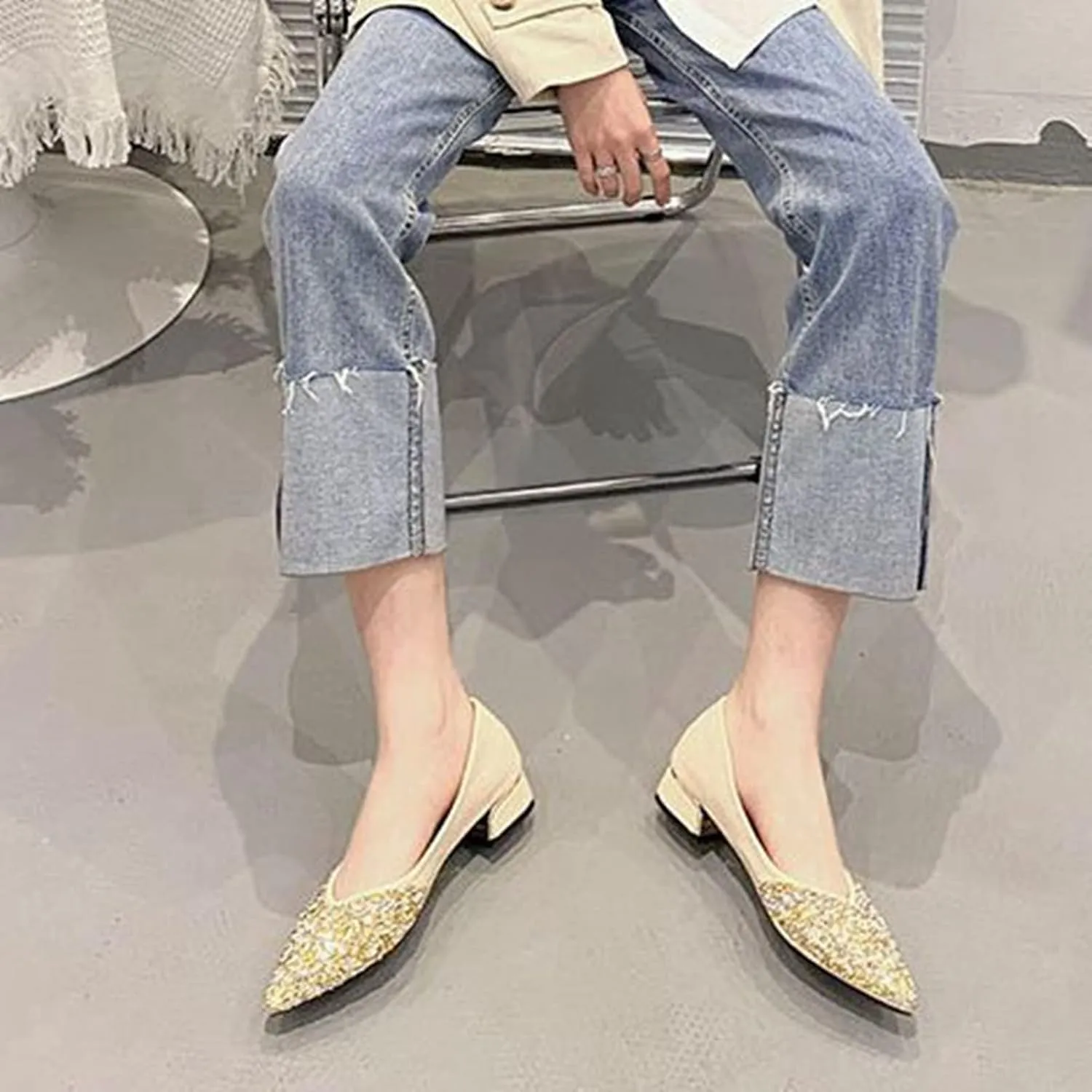 Women Elegant Pointed Toe Slip-on Pumps Glitter Rhinestone Comfortable Low Heel Wedding Dress Shoes