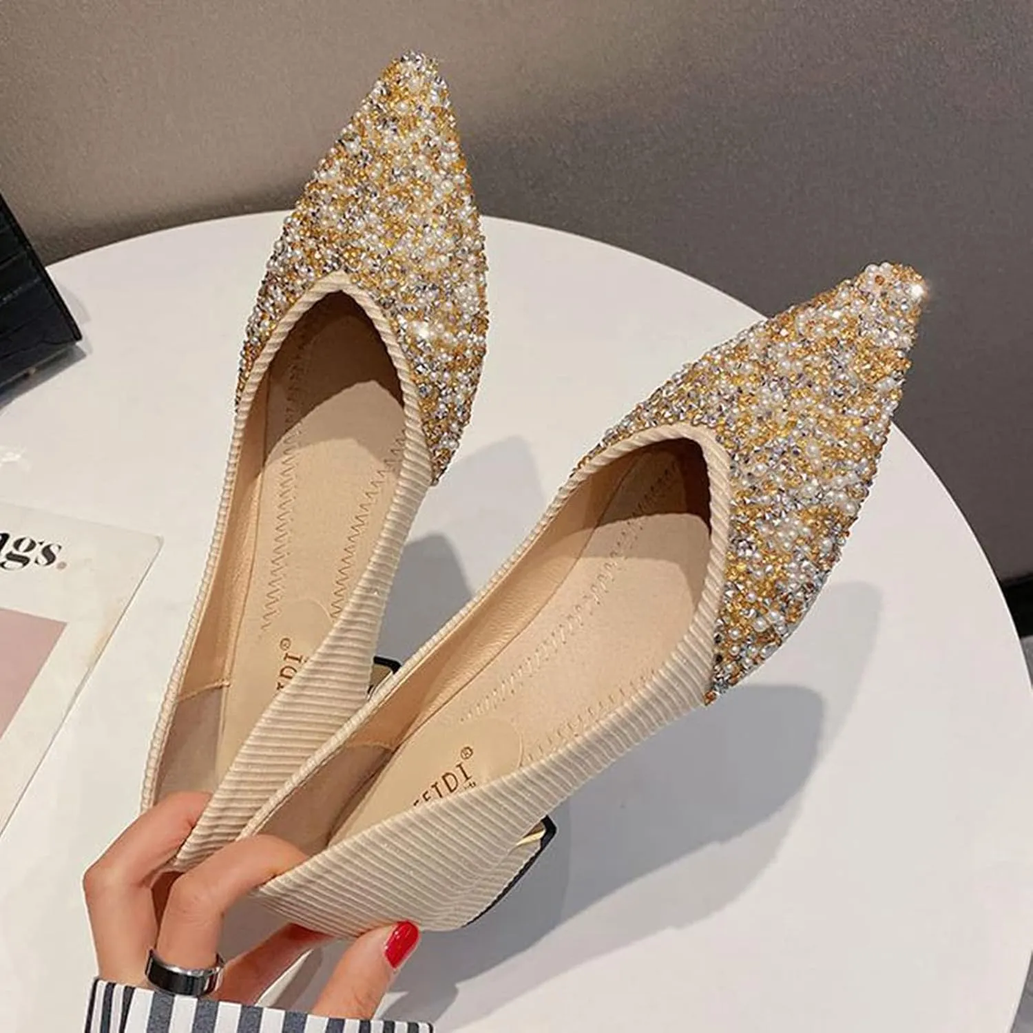 Women Elegant Pointed Toe Slip-on Pumps Glitter Rhinestone Comfortable Low Heel Wedding Dress Shoes