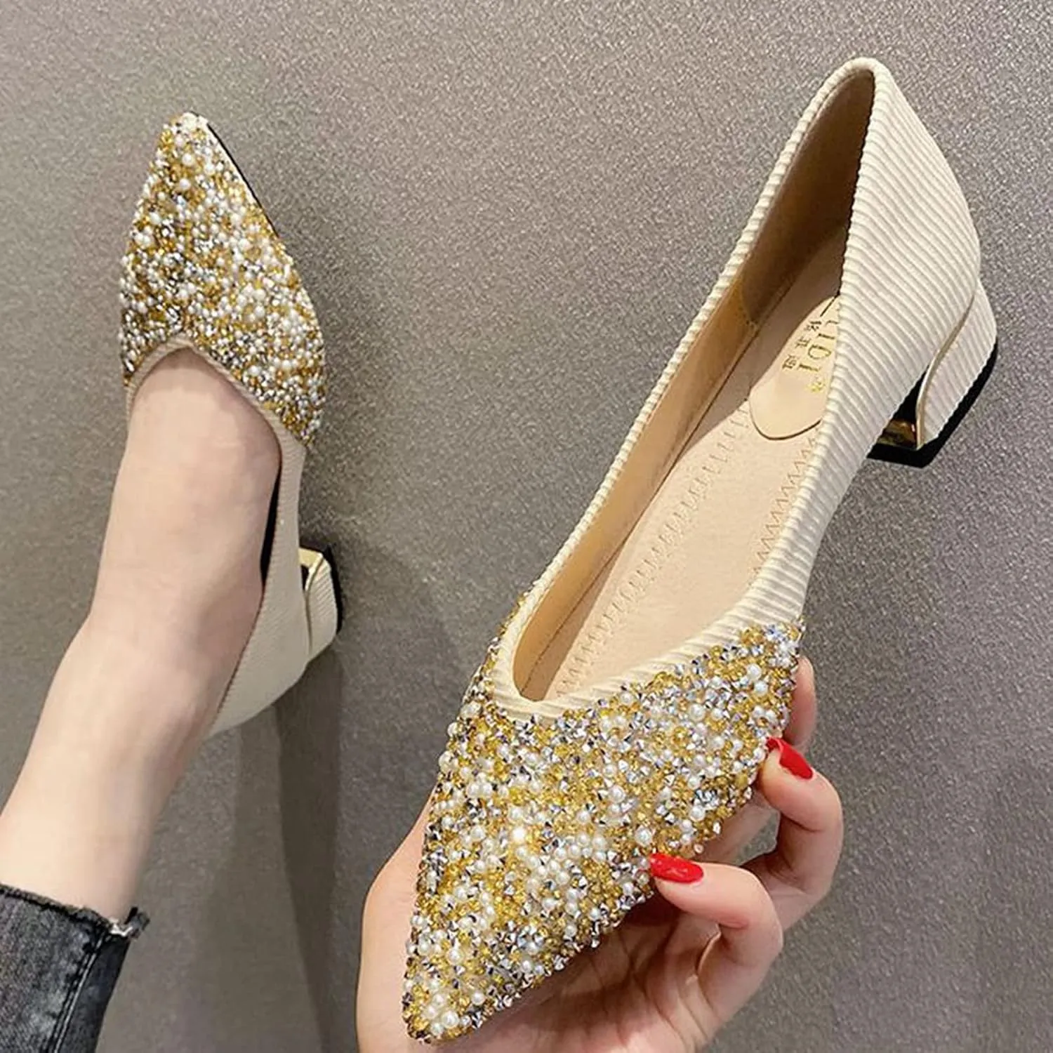 Women Elegant Pointed Toe Slip-on Pumps Glitter Rhinestone Comfortable Low Heel Wedding Dress Shoes