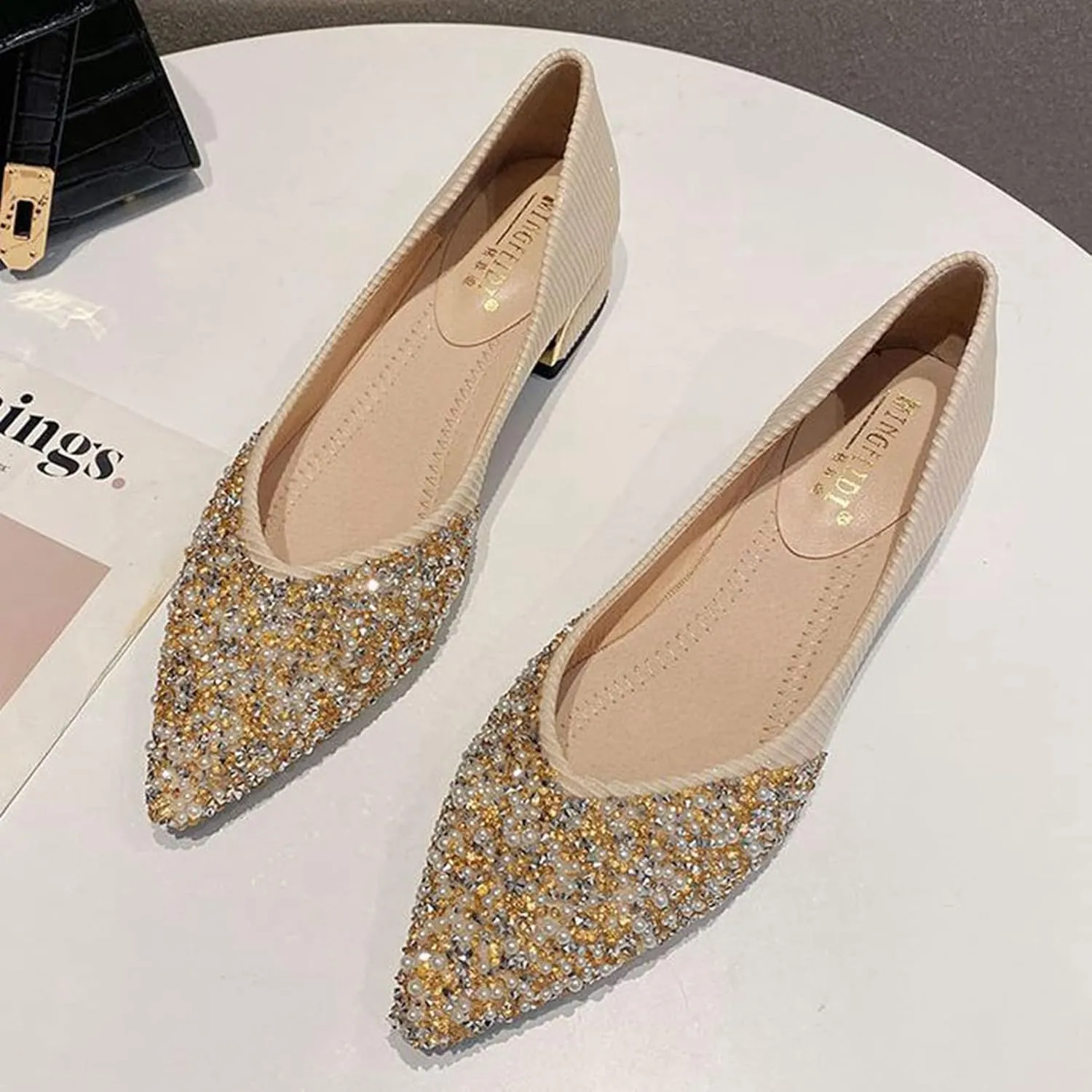 Women Elegant Pointed Toe Slip-on Pumps Glitter Rhinestone Comfortable Low Heel Wedding Dress Shoes