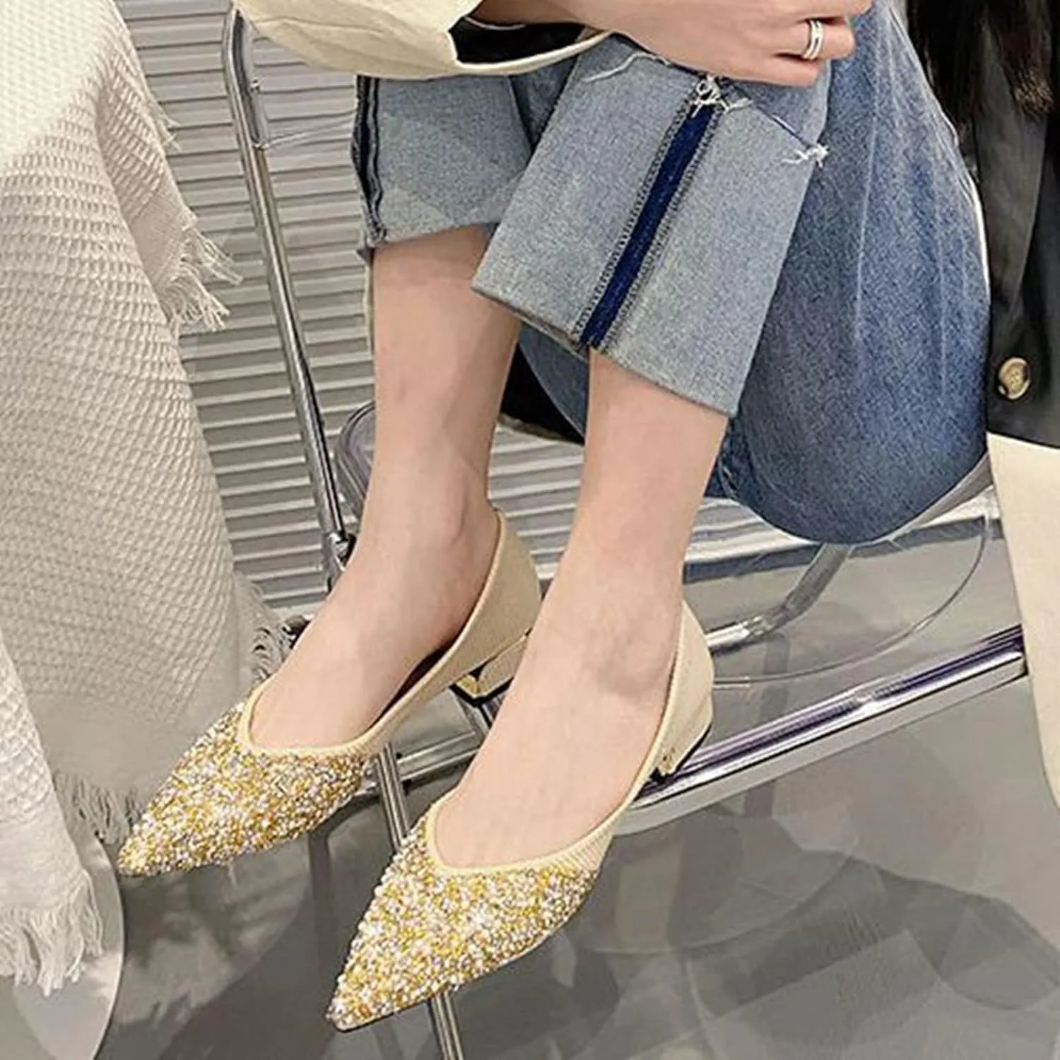 Women Elegant Pointed Toe Slip-on Pumps Glitter Rhinestone Comfortable Low Heel Wedding Dress Shoes