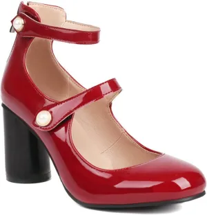 Women Fashion High Heel Mary Jane Shoes Ankle Strap Back Zip Patent PU Leather Chunky Heeled Pumps