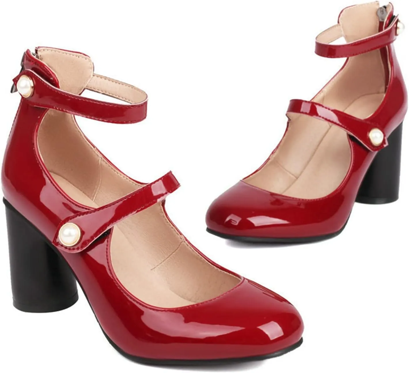 Women Fashion High Heel Mary Jane Shoes Ankle Strap Back Zip Patent PU Leather Chunky Heeled Pumps