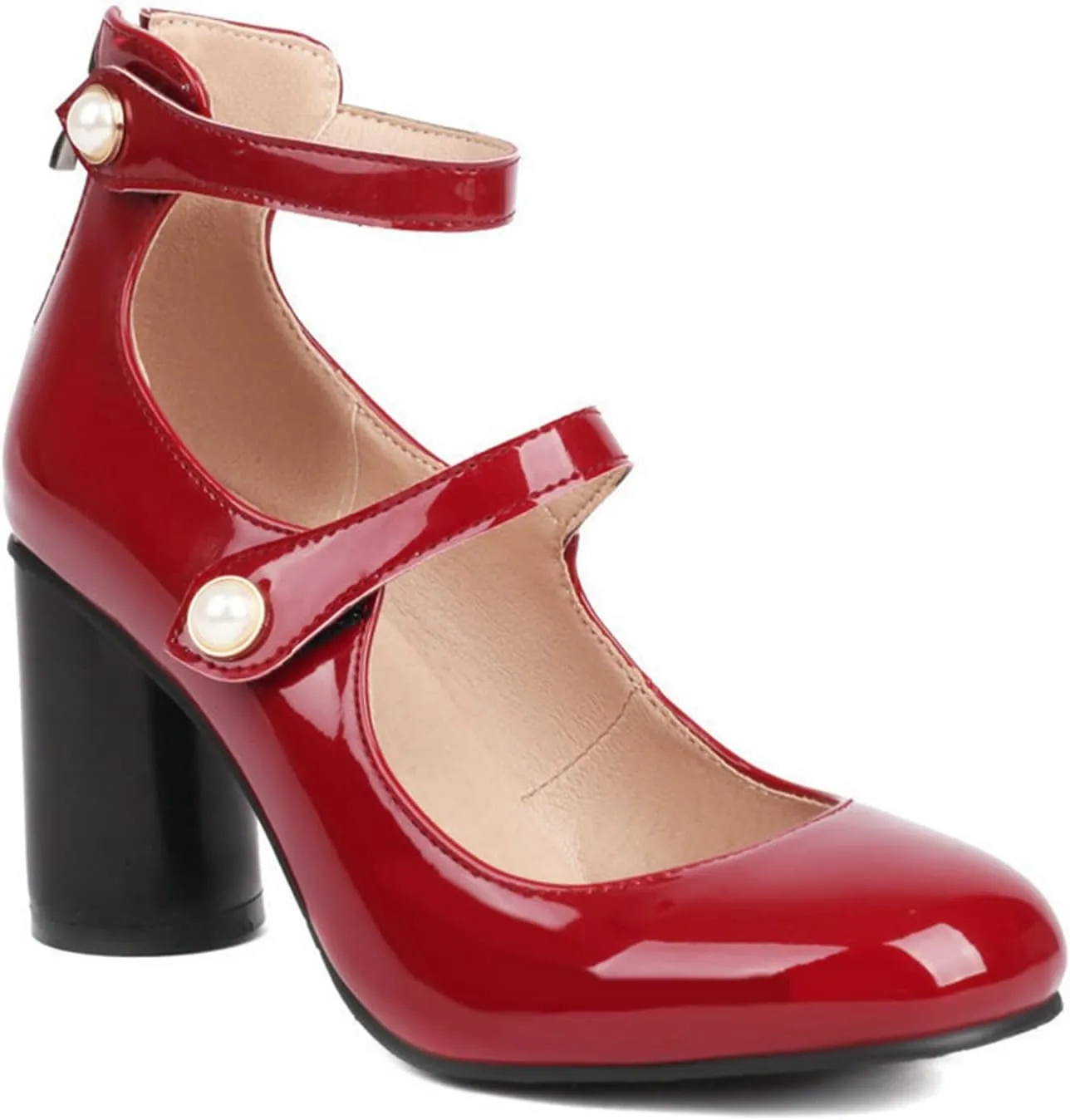 Women Fashion High Heel Mary Jane Shoes Ankle Strap Back Zip Patent PU Leather Chunky Heeled Pumps