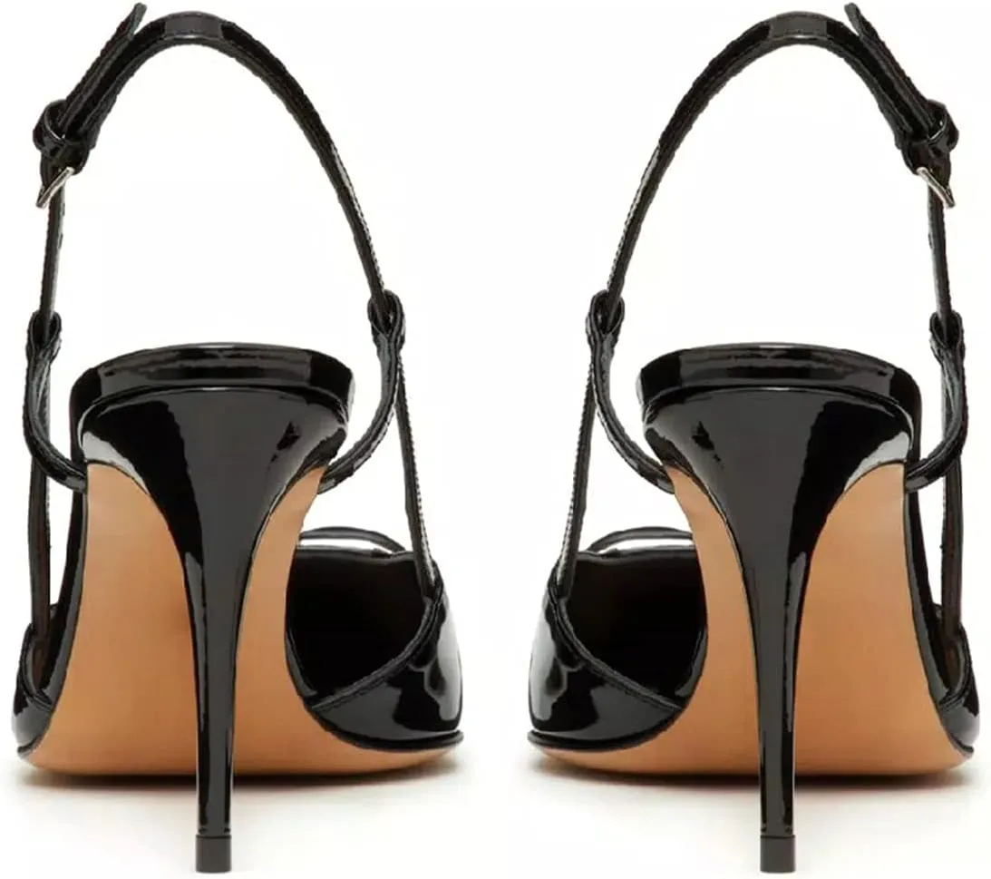 Women Heeled Slingback Sandals Closed Pointed Toe Stiletto High Heels Patent Leather Pumps Slip-On Backless Evening Prom Party Dress Shoes