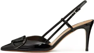 Women Heeled Slingback Sandals Closed Pointed Toe Stiletto High Heels Patent Leather Pumps Slip-On Backless Evening Prom Party Dress Shoes