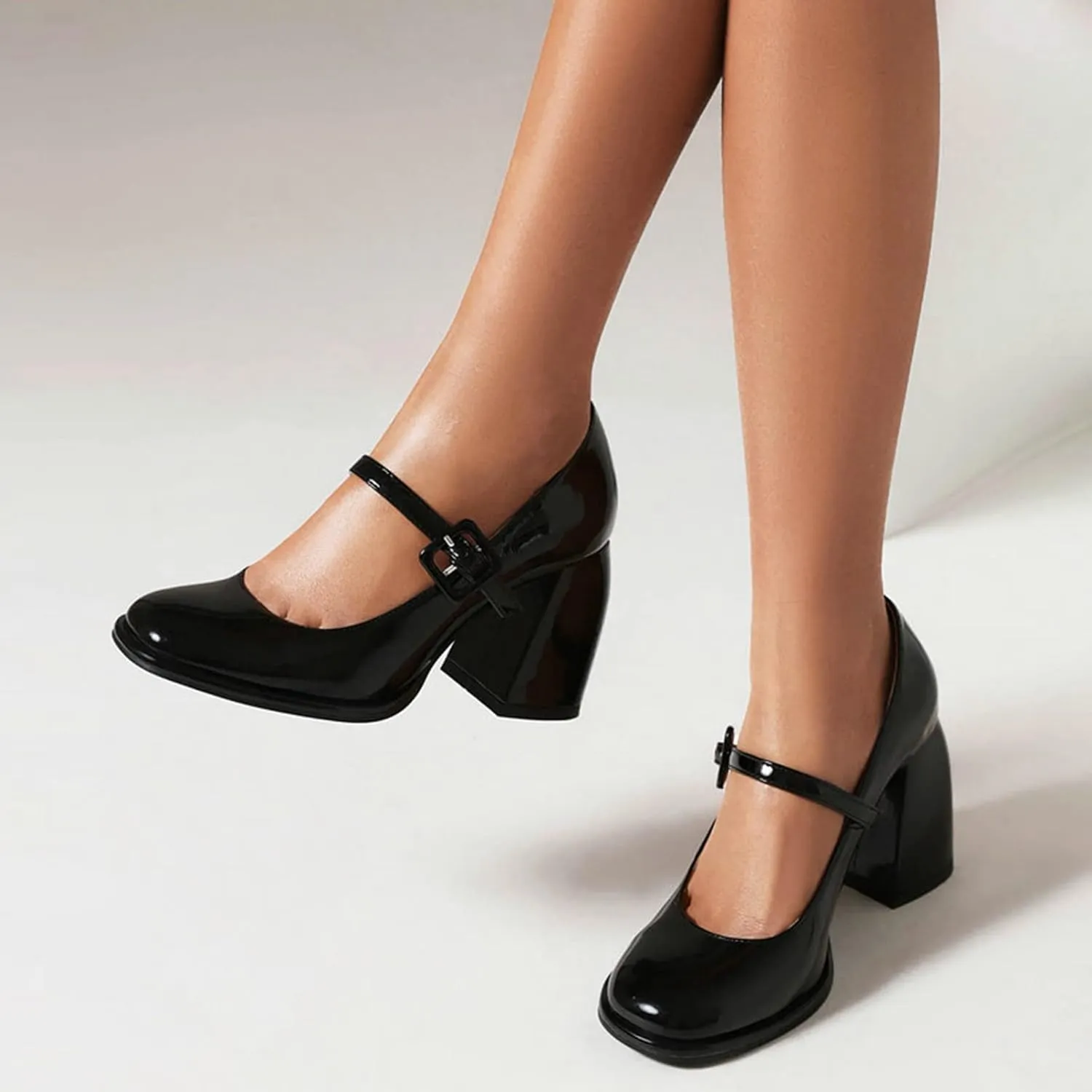 Women High Chunky Heel Mary Jane Pumps Square Toe Fashion Ladies Platform Patent Leather Dress Shoes